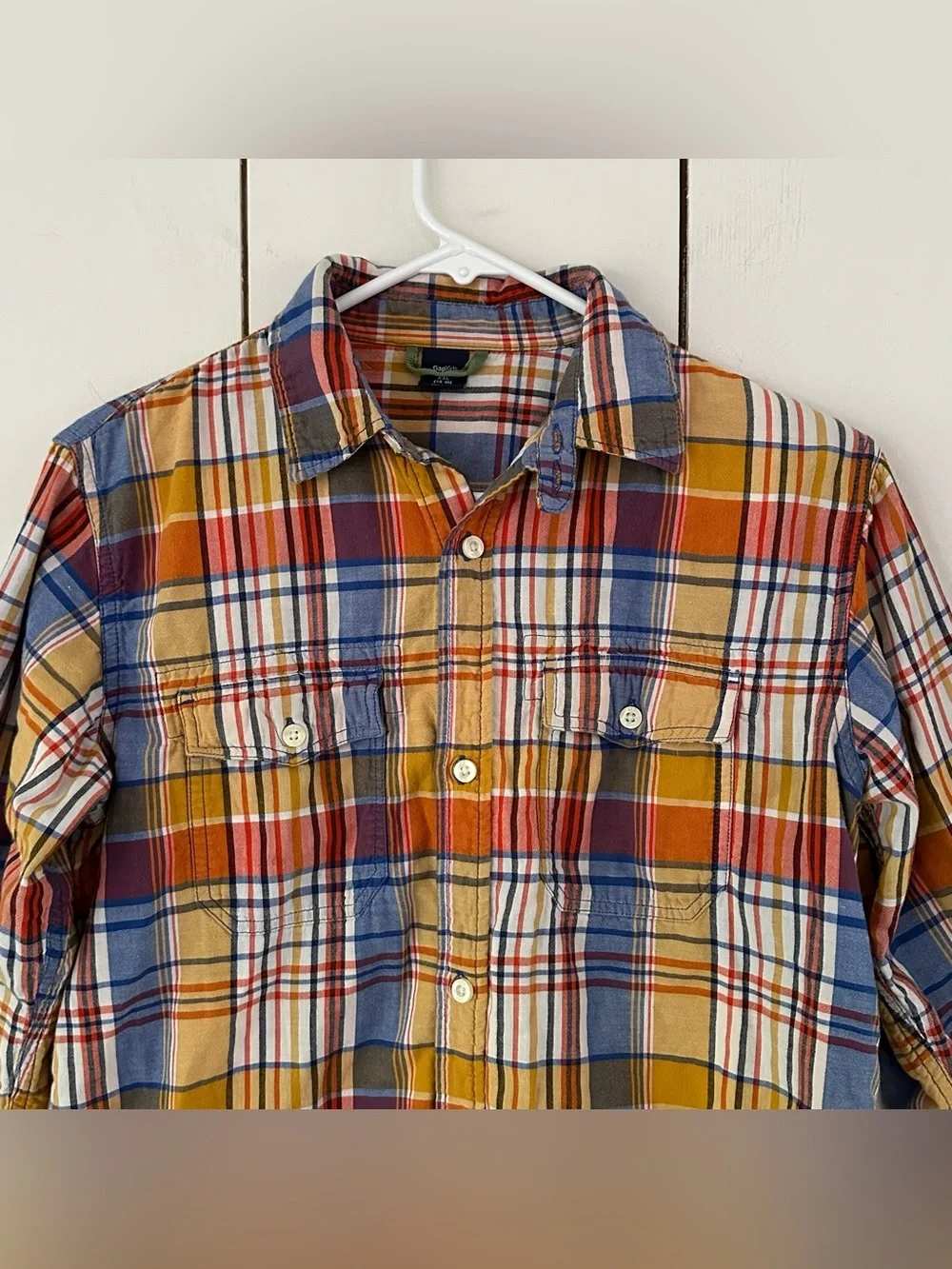 Gap Madras Plaid Button-Up Shirt Kids XXL 14-16 Orange Blue Double Layer Cotton